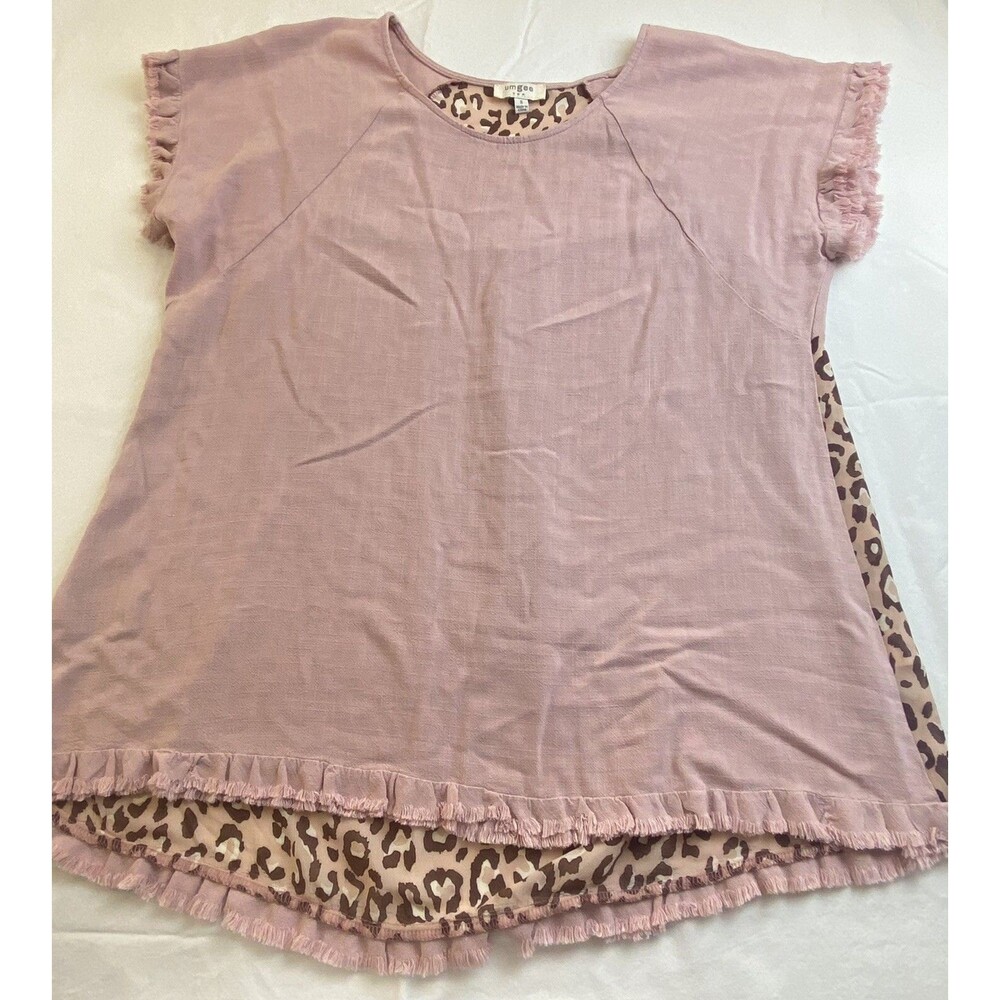 Umgee Women's Tunic Short Sleeve Pink Frayed Small Top Hi Lo Pintuck Animal